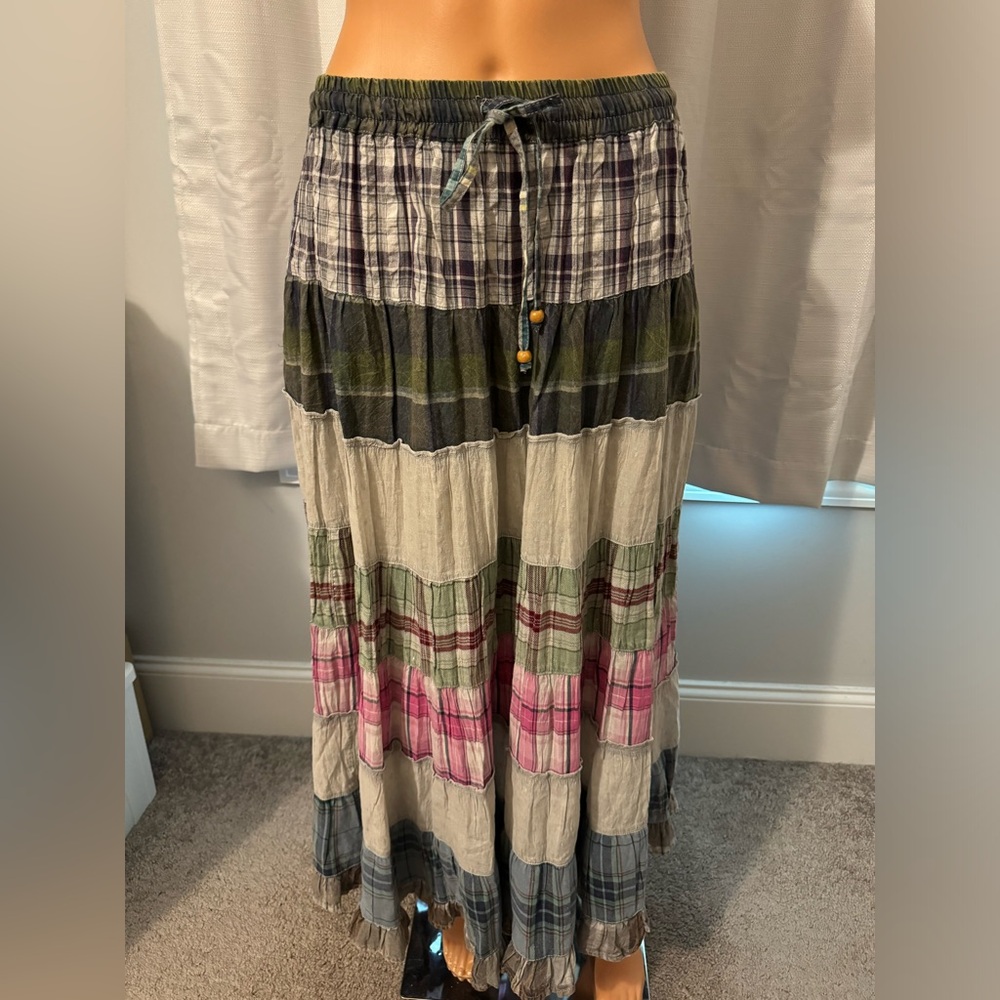 Cool Young Thread size M multi color plaid patchwork lined maxi skirt pockets